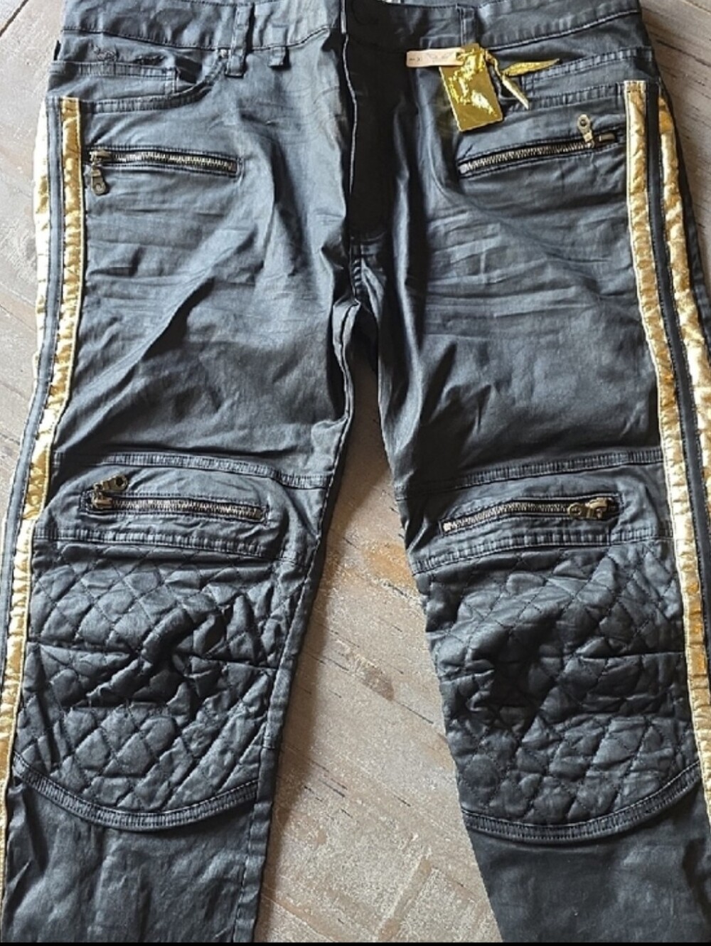 Robin's Jean Black Biker Style pants with Gold Hardware and Decorative Trim